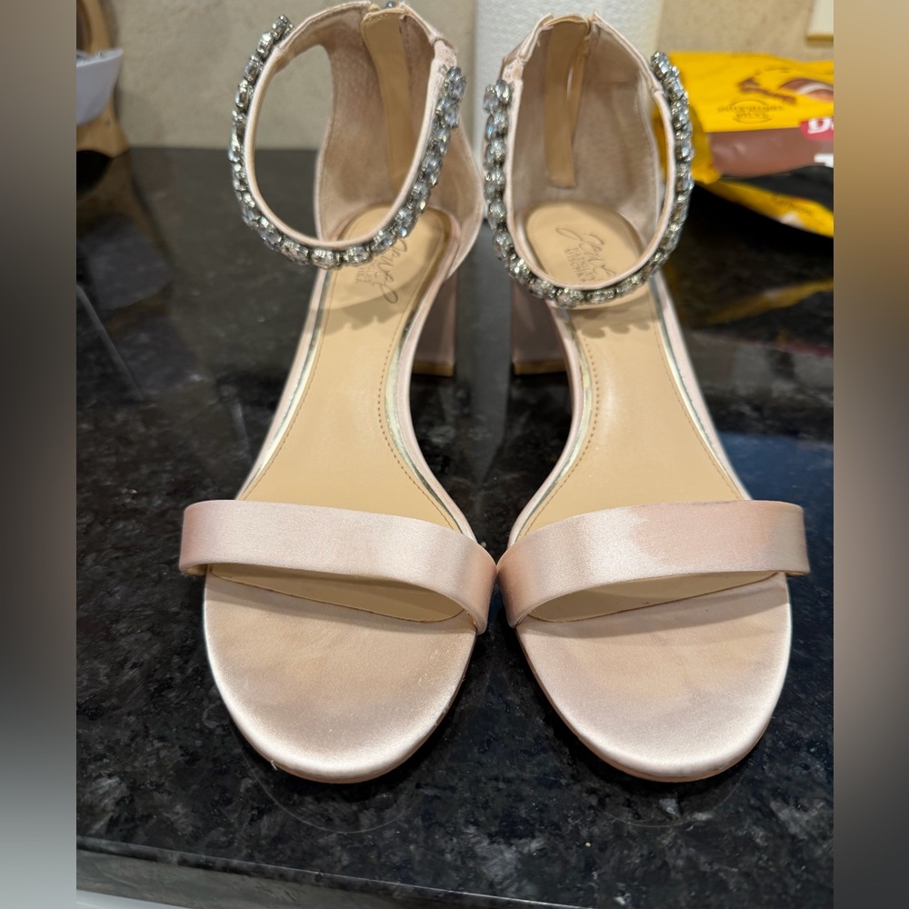 Badgley Mischka Blush Satin Crystal-Ankle Block Heel Sandal - Picture 4 of 7